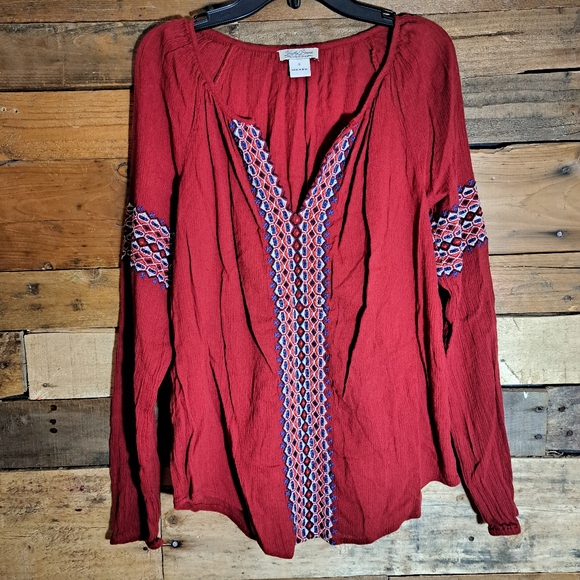 Lucky Brand Embroidered Detailed Tunic Red‎ Long Sleeve Red Shirt size Small - Picture 1 of 3